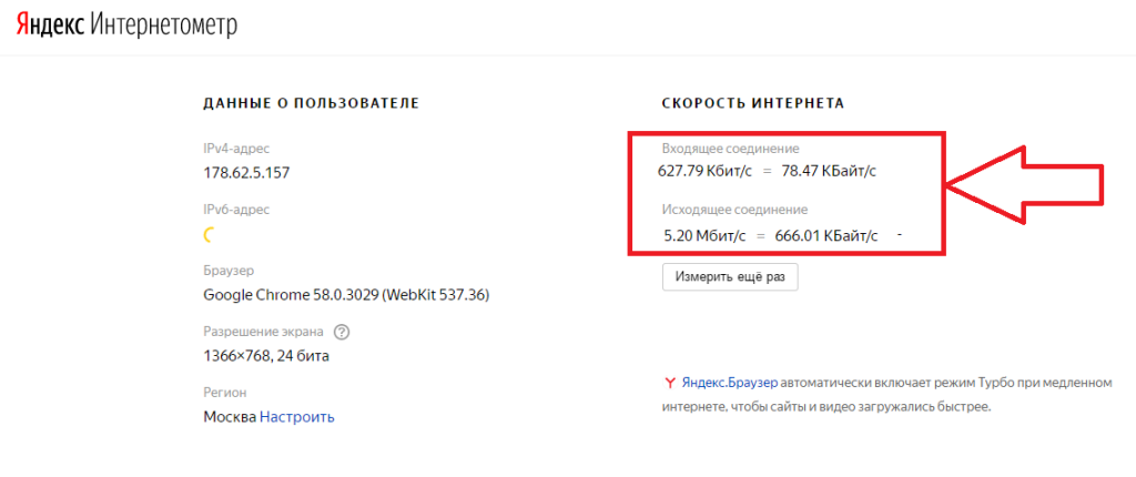 Измерение скорости в Яндекс.
